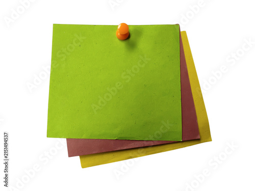 Colorful stacked paper notes with push pin