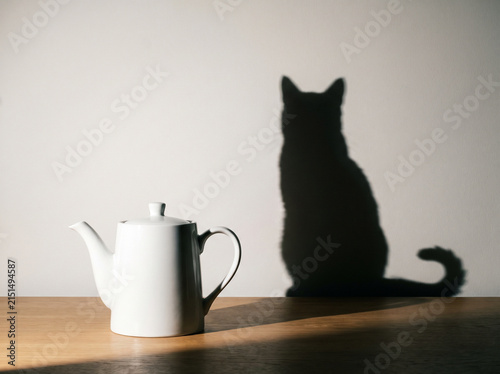 Ordinary teapot on a table casting the shadow of a black cat