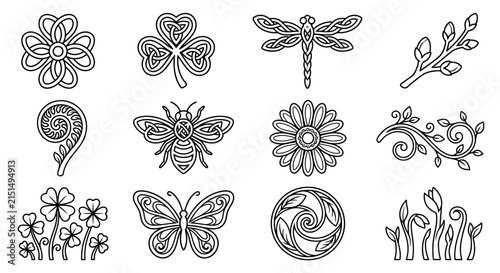 Celtic Knot Inspired Nature Illustrations Dragonfly Bee Flower Fern Butterfly Shamrock Twig Leaves Sprouts