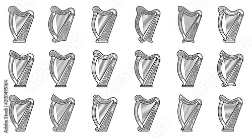 Collection of Isolated Harp Illustrations on Transparent Background Musical Instrument Pattern
