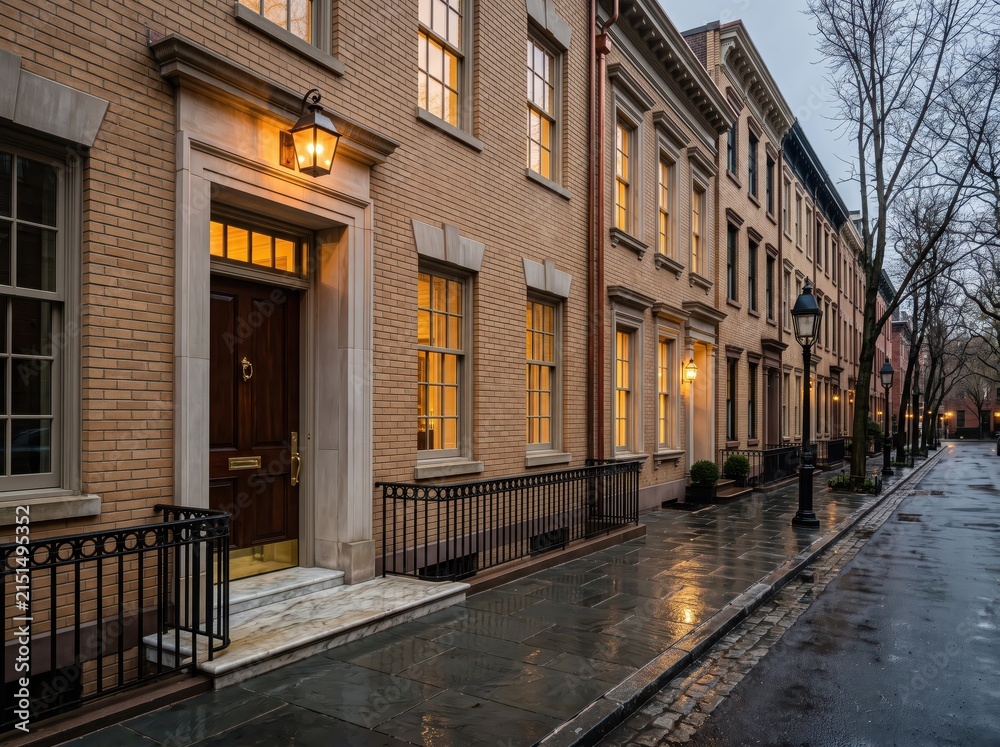 Fototapeta premium Brick townhouse street with wet sidewalk and illuminated windows