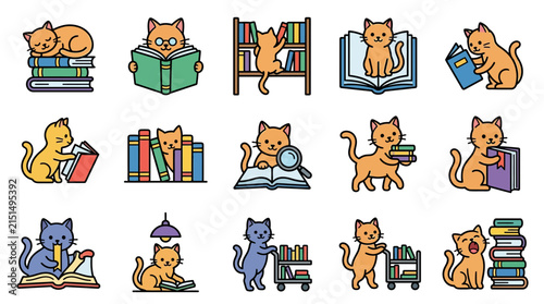 Cute Cat Library Icons Set Reading Studying Bookshelf Learning Knowledge Education Animals Vector