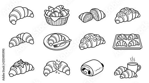 Vector Set of Croissants and Pastries Isolated Icons on Transparent Background