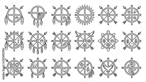 Native American Medicine Wheels Symbols Isolated Transparent Background Vector Icons Set