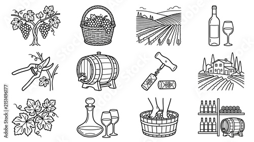 Vector Icons Set Winemaking Process Vineyard Grapes Wine Bottle Barrel Corkscrew Winery Harvest