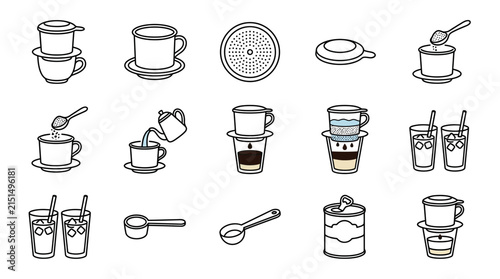 Vietnamese Coffee Making Set Icons Phin Filter Cups Glasses Spoon Condensed Milk Can Isolated on Transparent Background