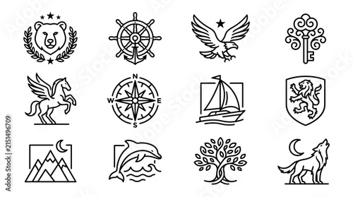 Vector Icons Set Bear Ship Wheel Eagle Key Pegasus Compass Sailboat Lion Shield Mountains Dolphin Tree Wolf Howling
