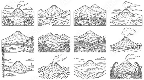 Volcano Landscape Line Art Collection Active Dormant Tropical Rural Scenes Isolated Vector Illustrations
