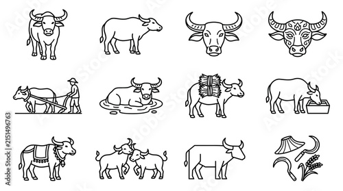 Water Buffalo Icon Set Diverse Line Art Illustrations of Farm Animals and Agricultural Scenes