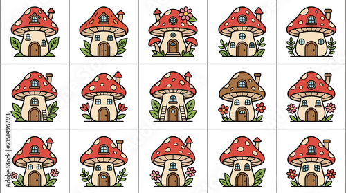 Whimsical Mushroom Houses Collection Fantasy Forest Dwellings Cute Cartoon Buildings Isolated