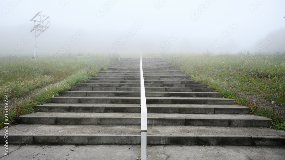 Fototapeta premium Concrete stairs ascending into dense fog. Empty outdoor steps with white handrail leading to the unknown, old stairway in mist. Copy space for text