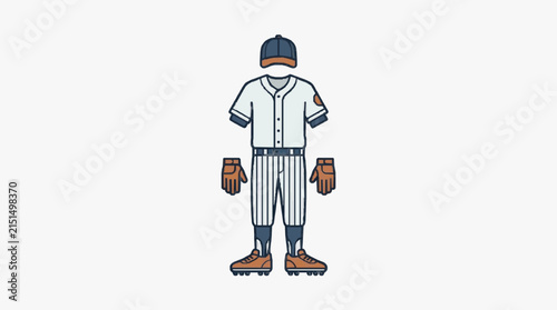 Flat vector illustration of a full baseball uniform featuring a navy cap, white jersey, pinstripe pants, brown batting gloves, and orange cleats isolated on a white background.