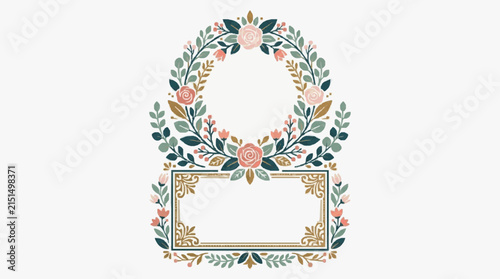 Vintage style floral wreath and rectangular frame illustration featuring pink roses, teal green leaves, and gold scrollwork details on a clean white background for stationery.