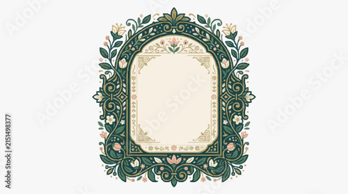 Ornate vintage floral frame illustration with arched center, featuring dark green leaves and soft pink flowers on a cream background. Classical decorative border for formal stationery.