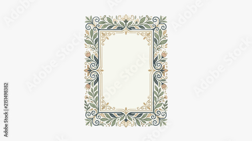Elegant vertical rectangular frame featuring intricate hand-drawn botanical illustrations with muted green leaves, beige flowers, and swirling vines on a white background.
