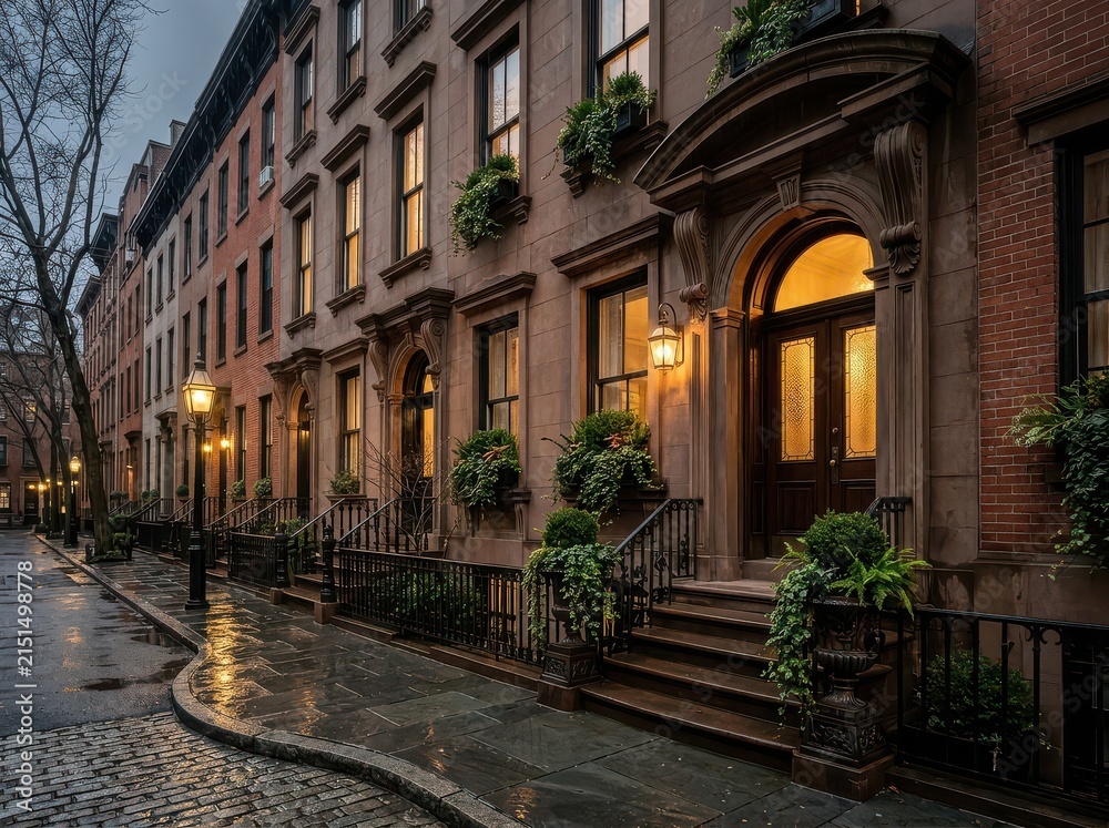Fototapeta premium Brownstone row houses with arched entrances and wet curved street