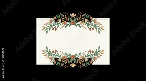 Rectangular frame with symmetrical vintage floral arrangements on top and bottom edges, featuring muted earth-toned roses, wild flowers, and green leaves on a clean off-white background.