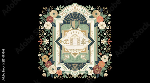 Ornate vintage floral border illustration featuring roses, leaves, and central heraldic crest with wedding rings and doves in muted sage green and cream tones on black background.