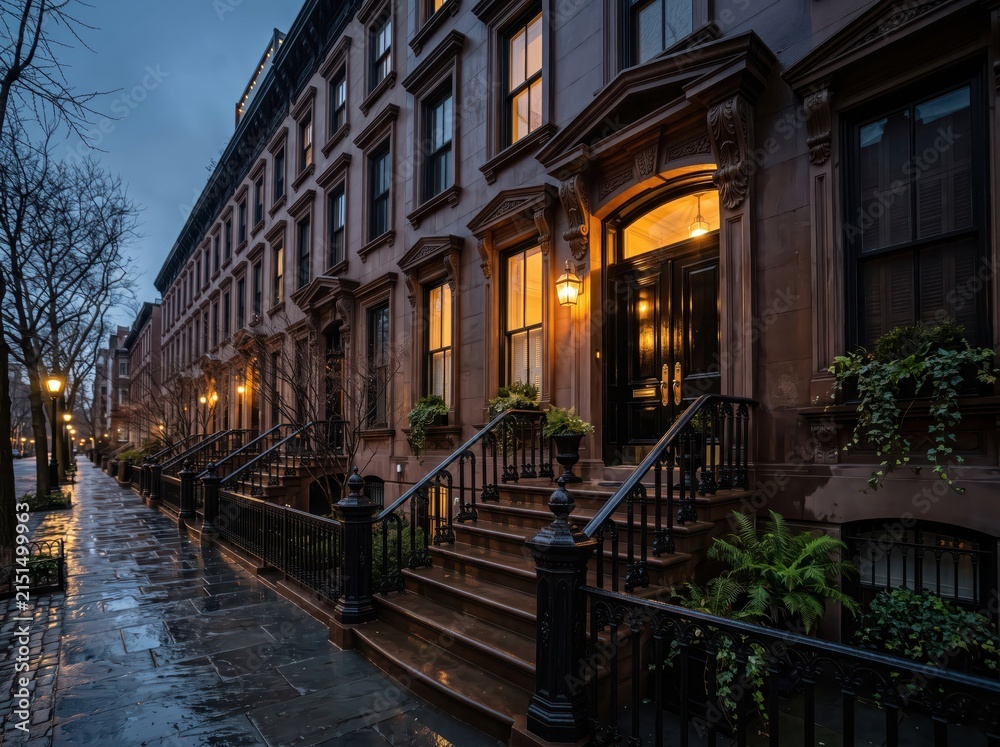 Fototapeta premium Brownstone row houses at dusk with wet sidewalk