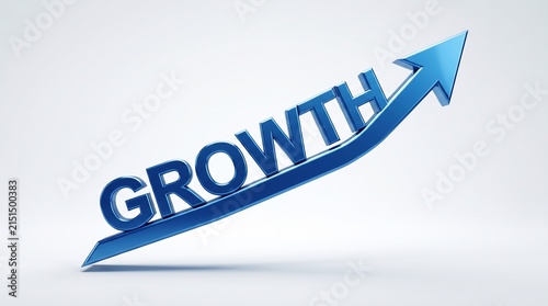 Growth concept with a blue arrow pointing upwards and the word growth displayed