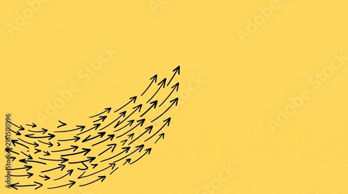 A large flock of starlings murmurates in a swirling formation against a yellow sky