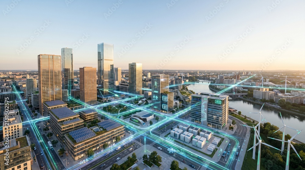 Fototapeta premium Modern smart city landscape features glowing digital network connections over skyscrapers and sustainable wind turbines during a beautiful golden sunset