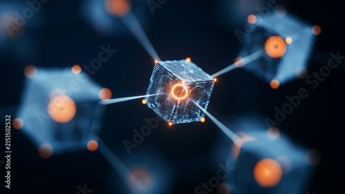Futuristic Digital Network with Connected Nodes and Glowing Data Cube for Advanced Technology and Connectivity