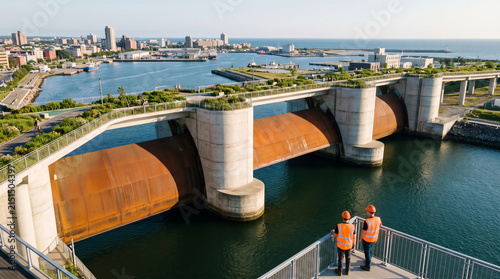 Modern storm surge barrier floodgate system with engineers inspecting coastal water infrastructure, climate change adaptation project with green public park walkway and urban skyline