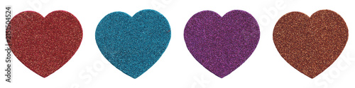 Glitter hearts shapes including red, blue, purple and brown sparkling isolated on transparent background.