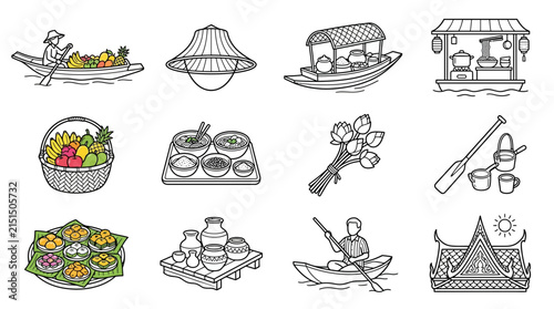 Thai Floating Market Icons Boats Food Basket Hat Paddle Temple Isolated Vector Graphics
