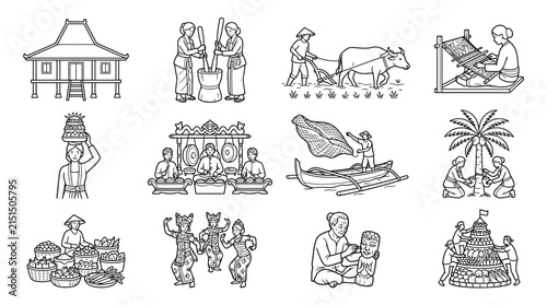 Traditional Indonesian Culture Icons Rural Life Arts Crafts and Ceremonies Isolated Vector Illustrations