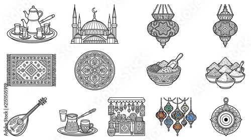 Turkish Culture Icons Set Mosque Rug Coffee Tea Lamps Music Evil Eye Spices