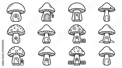 Whimsical Mushroom Houses Collection Fantasy Forest Dwelling Icons Fairy Tale Homes Isolated on Transparent Background