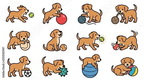 Adorable Puppy Dog Poses Playing with Toys Isolated Vector Illustrations Set