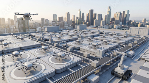 Automated drone delivery rooftop hub featuring autonomous hexacopters on landing pads with package conveyor system, modern futuristic urban logistics and city distribution skyline