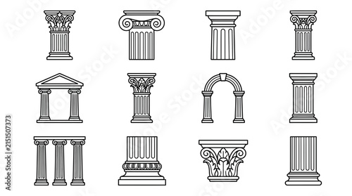 Set of Ancient Greek and Roman Architectural Columns and Arches Isolated on Transparent Background