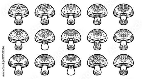 Set of 15 Hand Drawn Mandala Mushrooms with Stars and Floral Patterns on Transparent Background