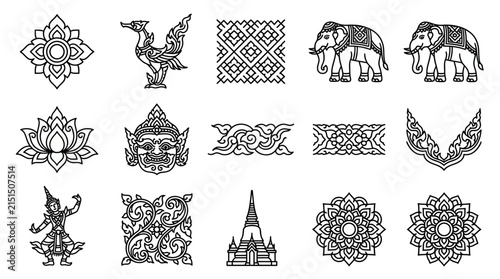 Thai Traditional Art Elements Collection Elephants Lotus Garuda Temple Ornate Patterns Isolated Icons