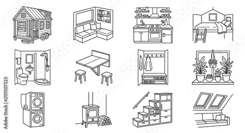 Tiny House Interior Elements Collection Isolated Line Art Icons for Compact Living Spaces
