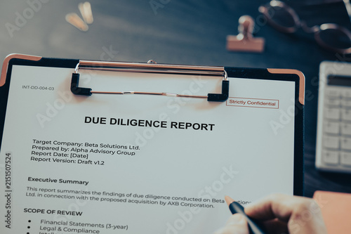 Due Diligence Report Dummy Document Staged on Workspace — essential eye-catcher for merger, acquisition, and corporate transaction features