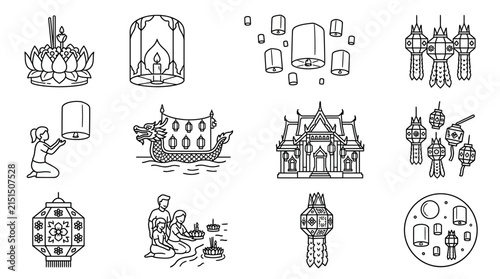 Thai Lanterns and Cultural Icons Collection Loy Krathong Festival and Tradition Symbols