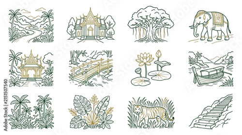 Thailand Travel Icons Set Elephant Temple Nature Tiger Banyan Tree Lotus Boat Bridge Landscape Isolated Illustrations