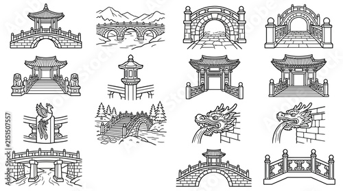 Traditional East Asian Architecture Collection Bridges Pagodas Gates and Dragon Motifs