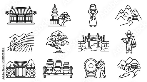 Traditional Korean Culture Icons Architecture Nature People and Daily Life in Line Art Style