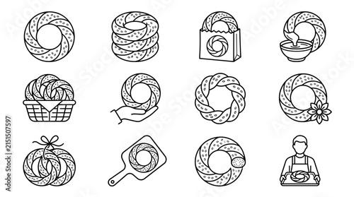 Turkish Bagel Icons Set Simit Bakery Food Breakfast Traditional Turkish Pastry Isolated Vector Illustrations