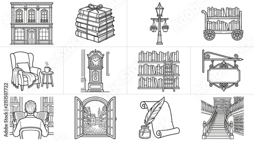 Vintage Library Collection Books Furniture Architecture Study Icons Isolated Elements