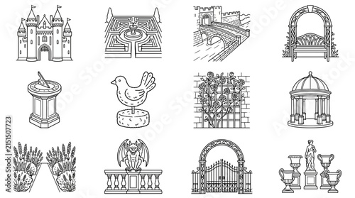Vintage Garden Elements Collection Castle Maze Archway Sundial Sculpture Gazebo Statues Isolated Icons