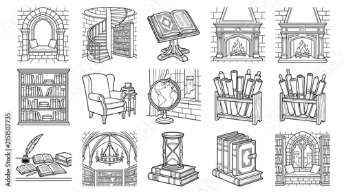 Vintage Library Elements Collection Books Fireplaces Globe Scrolls Armchair Window Seat Hourglass Isolated Icons