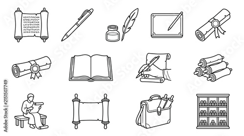 Vintage Writing and Document Icons Scrolls Quill Inkwell Books and Pen Set