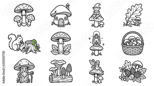 Whimsical Mushroom Illustrations Forest Creatures Fairy Homes and Autumn Elements Isolated Line Art